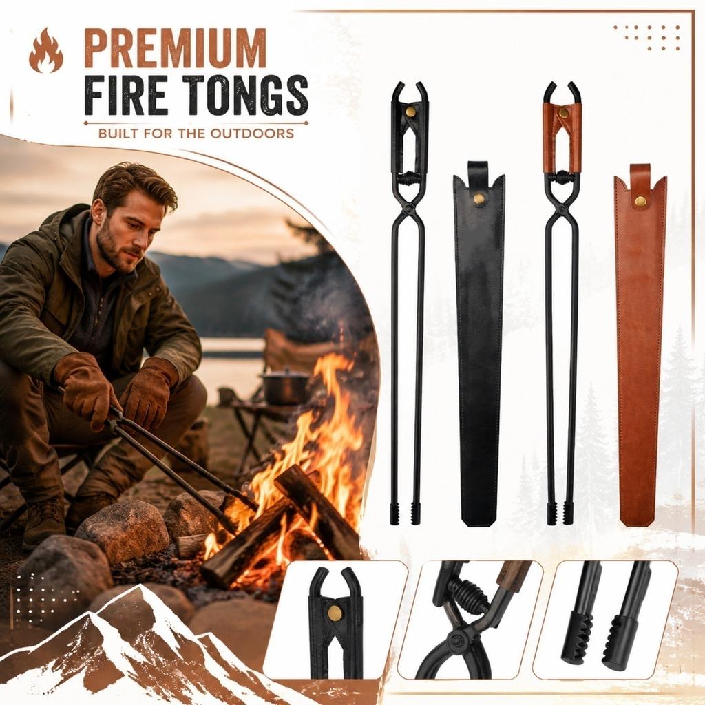 Outdoor Fire Pit Tongs with Leather Sheath Long Handle Campfire Tool for Camping Picnic Firewood Grilling and Bonfire Use