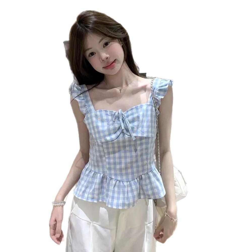 Summer New Sweet Style Pattern Sling Vest Women's Lace-up Ruffle Edge Slim and Thin Versatile Top