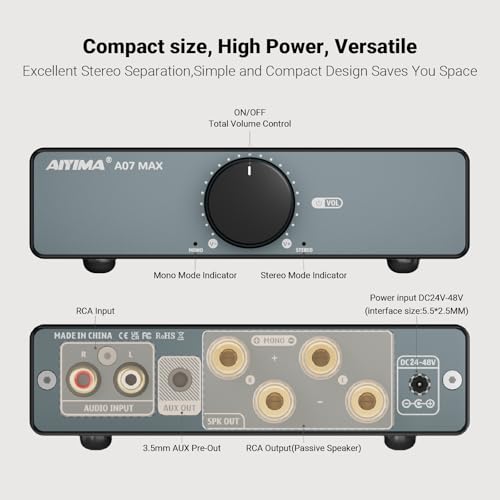 AIYIMA A07 MAX HIFI Power Amplifier, 2-Channel Home Audio, TPA3255 Class D 300W X2 Bridged Mono Amplifier, 600W, 3.5mm Line Output, Integrated Desktop