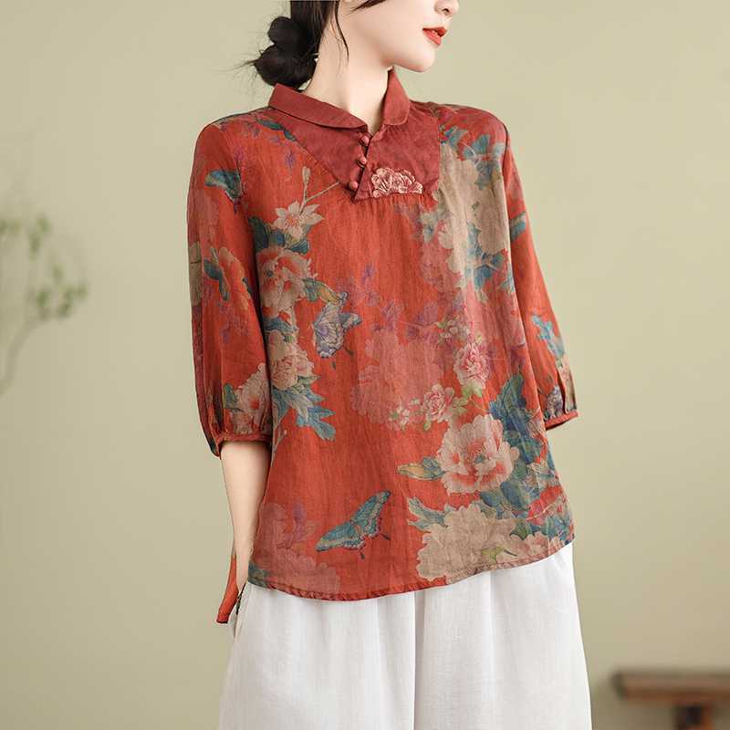 Ležérní halenky košile v čínském stylu dámské novinka léto 2024 vintage potisk volné dámské poloviční rukáv bavlněné topy košile B3759