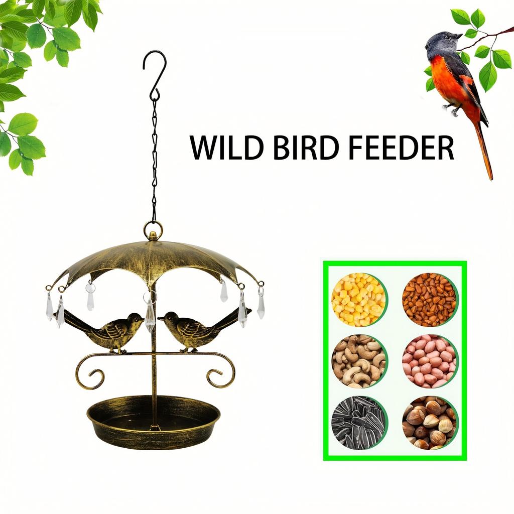 Wrought Hanging Bird Feeder with Umbrella Design for Outdoor Garden
