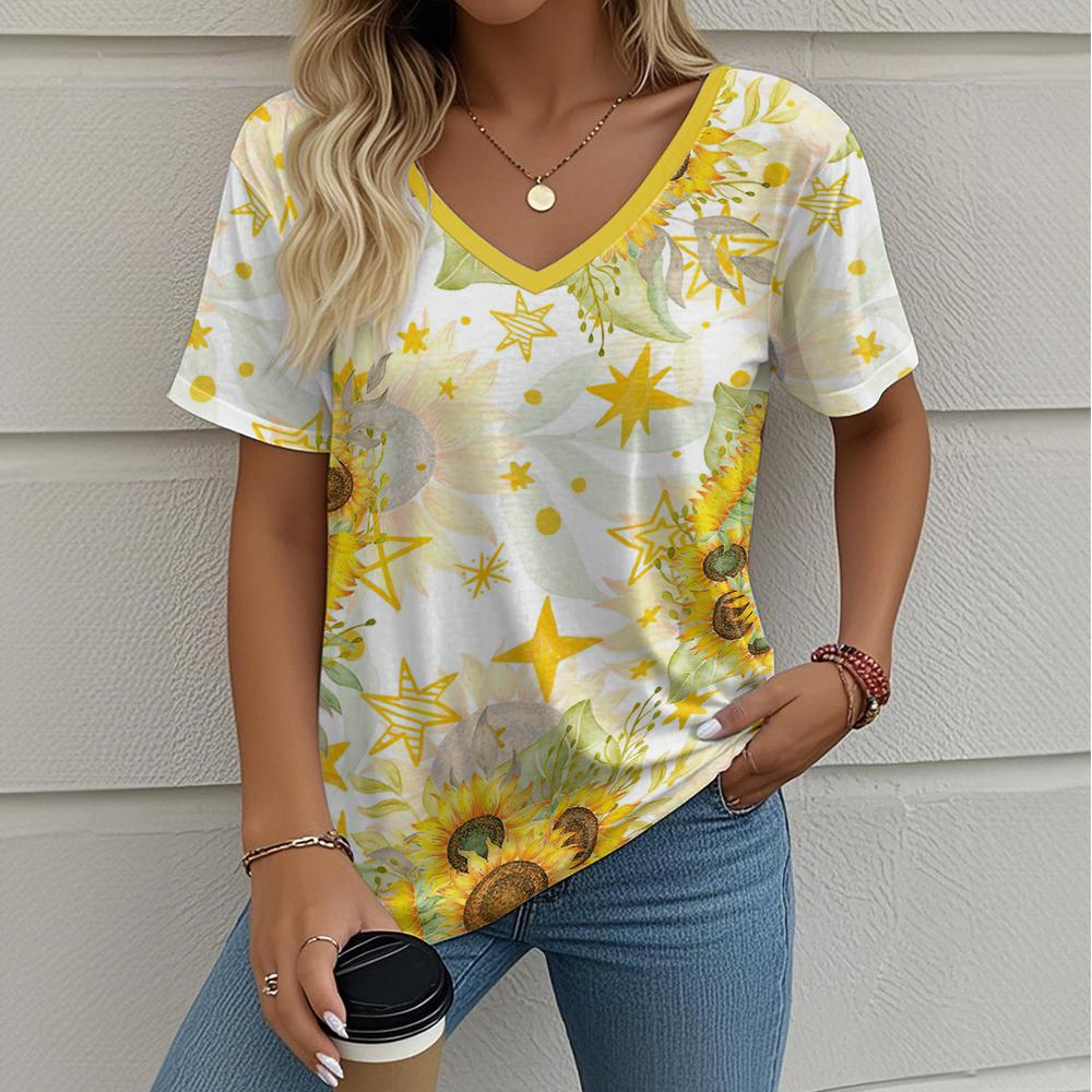 Letní gradientní 3D umělecký květinový potisk grafická halenka dámská s V-výstřihem módní retro oblečení volné oversized tričko