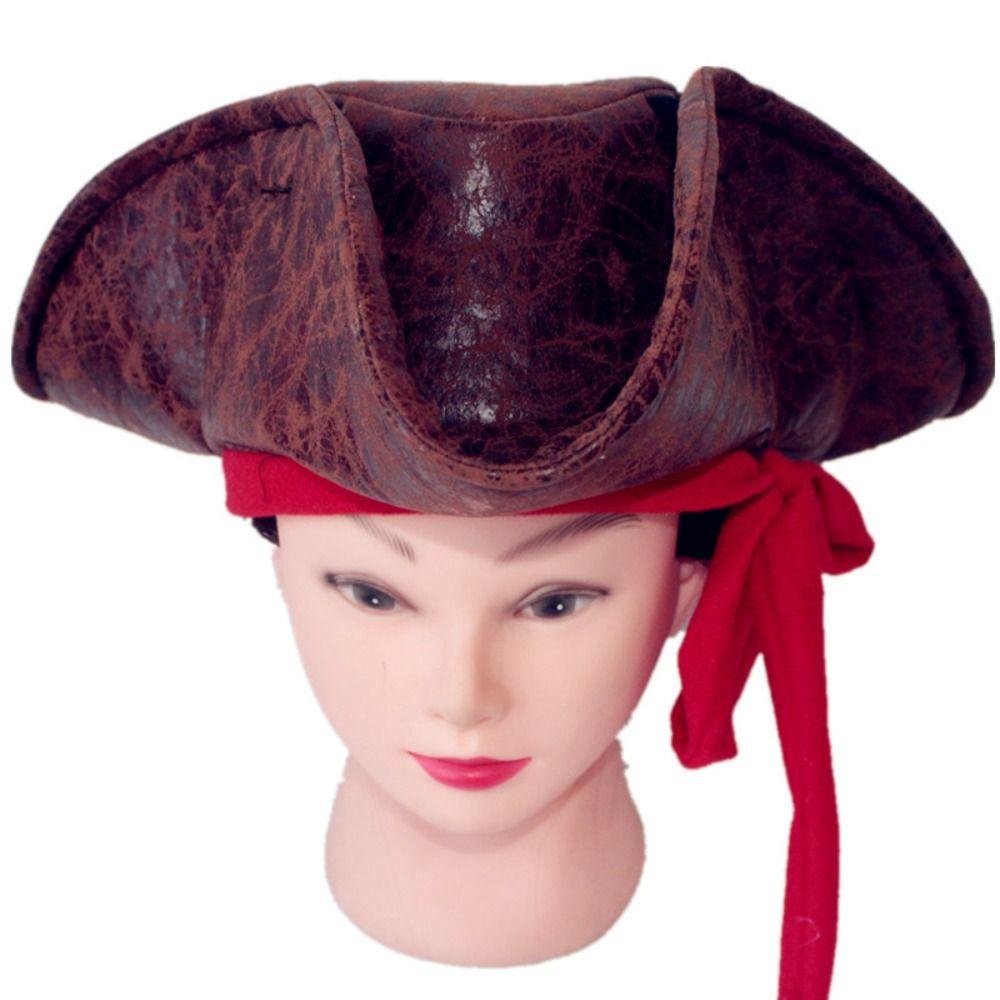 Faux Leather Pirate Cowboy Hat Adult Brown Vintage Tricorn Hat Pirate Captain Cap  Men Headwear
