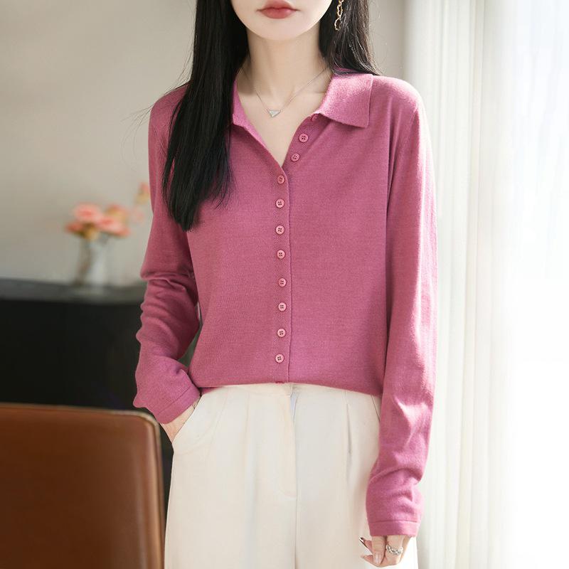 Women's Korean Style Lapel Wool Knit Cardigan with POLO Collar - Long Sleeve, Versatile, Casual Sweater for Spring.