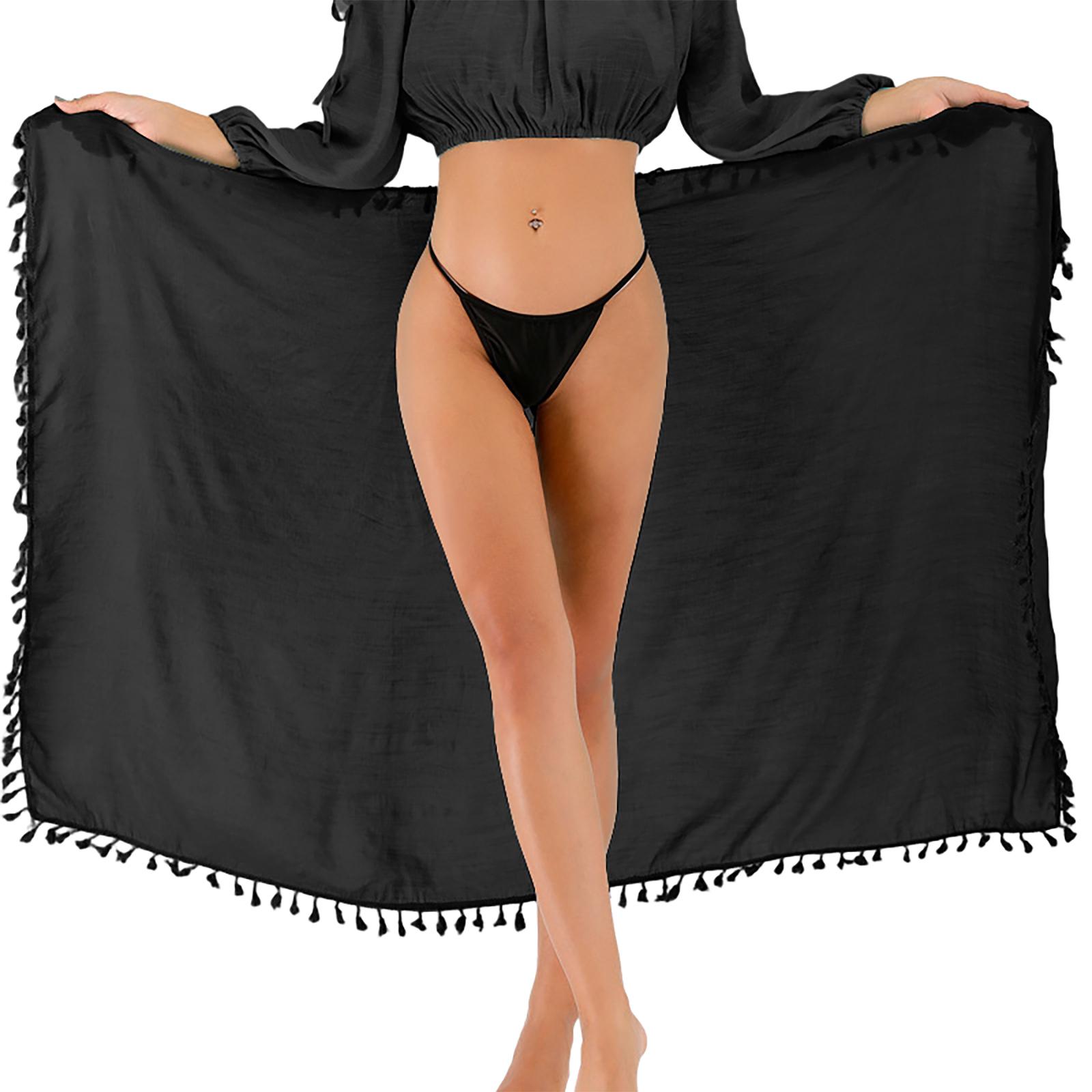 

Women’s Lightweight Tassel Trim Sarong Beach Wrap Soft Quick Dry Cover Up Skirt for Swim Pool Resort Travel Holiday One Size чёрный