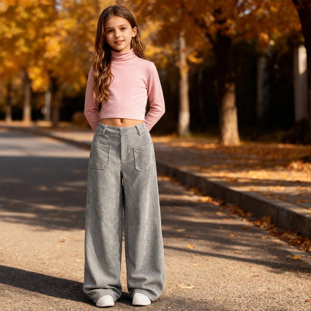 Girls High Waist Straight Leg Trousers Corduroy Wide Leg Pants Vintage Loose Pants With Pockets