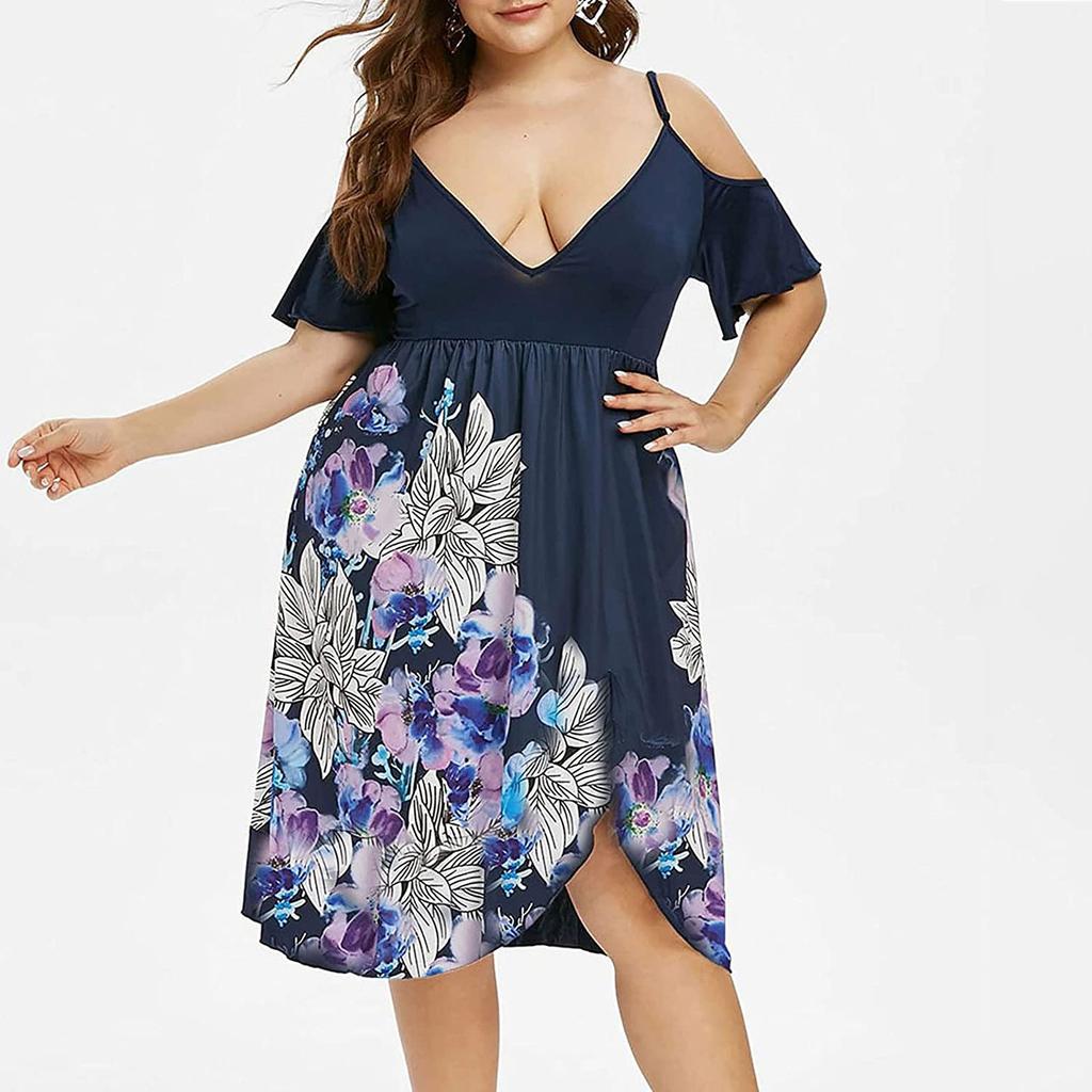 Women's High Waist Belly Concealing V-Neck Strapless Printed Plus Size Dress