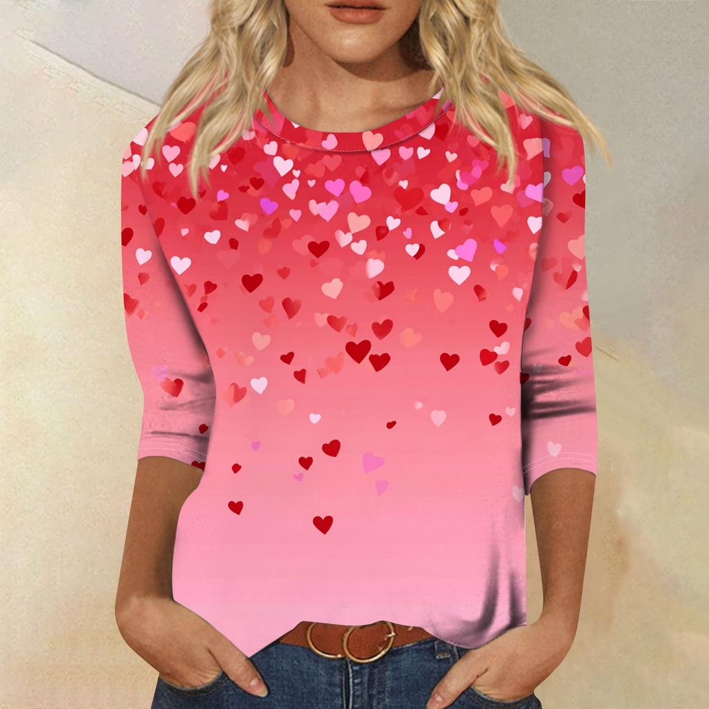Damen Modisches Lässiges Dreiviertelarm Valentinstag-Druck Rundhals Pullover-Oberteil