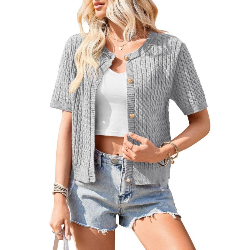 Women European Style Short Sleeve Button Front Cropped Round Neck Knitted Cardigan Sweater