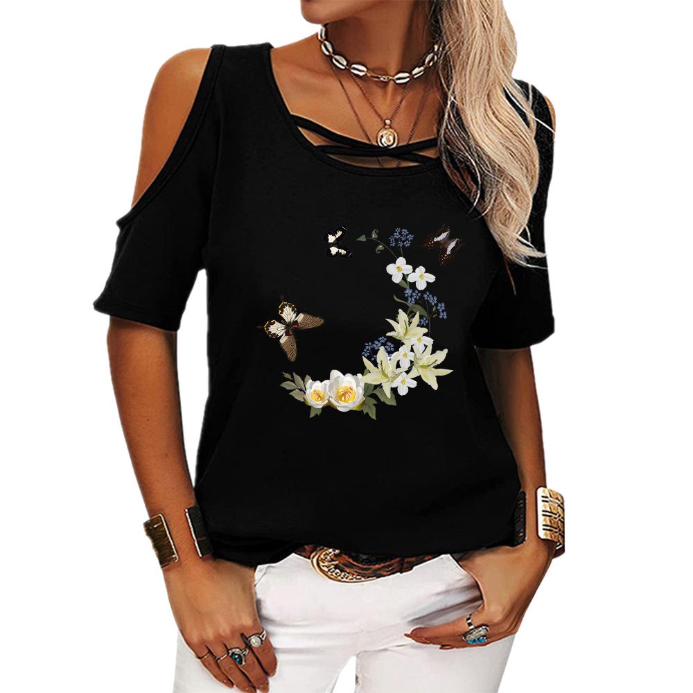 

Женская модная футболка с круглым вырезом, летняя футболка с открытыми плечами и коротким рукавом, женская повседневная футболка с цветочным принтом 5Xl чёрный