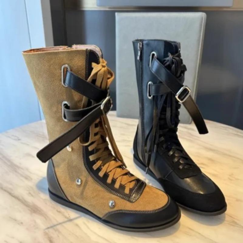 New Fashion Studded Flat Heightened Inner Women's Belt Buckle Casual Side Zipper Non-Slip Mid-Leg Boots