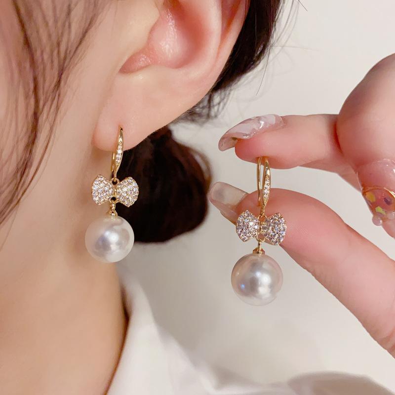Delicate Fashion Sparkling Micro Inlaid Zircon Bow Pearl Hook Earrings For Women