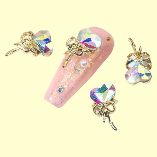Yousheng 10Pcs/Set Nail Art Charm Golden Bowknot 3D Alloy Luxury Cute DIY Solid Colored Rhinestone Love Heart Nail Decoration Salon Home Use