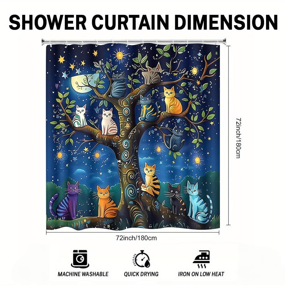 1pc 1pcs Whimsical Cat Tree Shower Curtain Suitable for & - Magical Starry Night Cat-Themed Bath Curtain with Grommets, -Care, 180x180cm