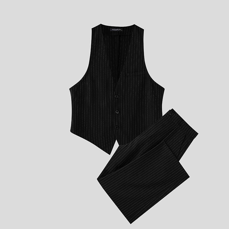 

INCERUN Two Pieces Men Sleeveless Striped Waistcoat and Long Straight Pants Sets 3XL чёрный