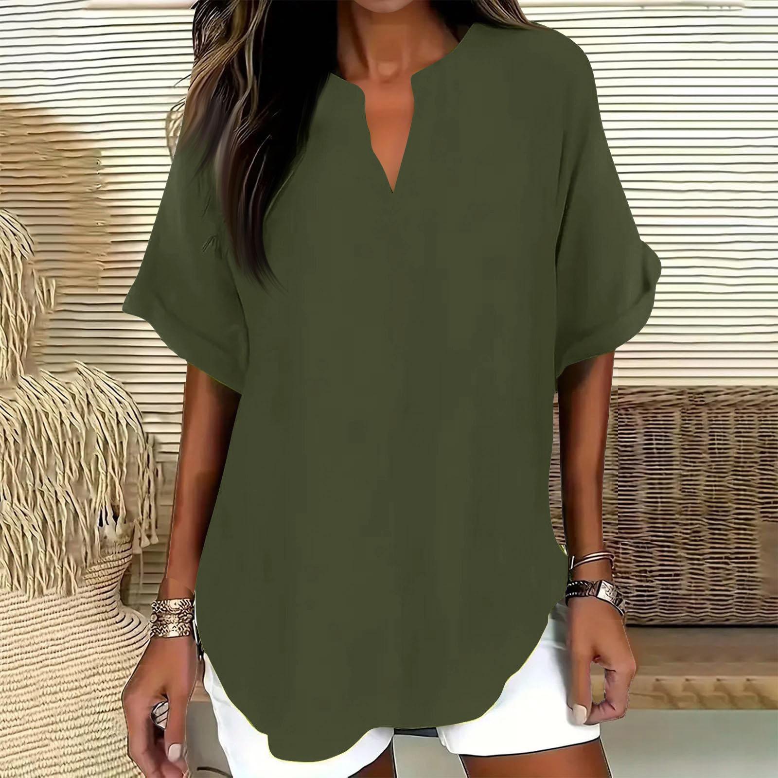 Women s Fashionable Loose-Fit V-Neck Shirt Casual Cotton-Linen Top L