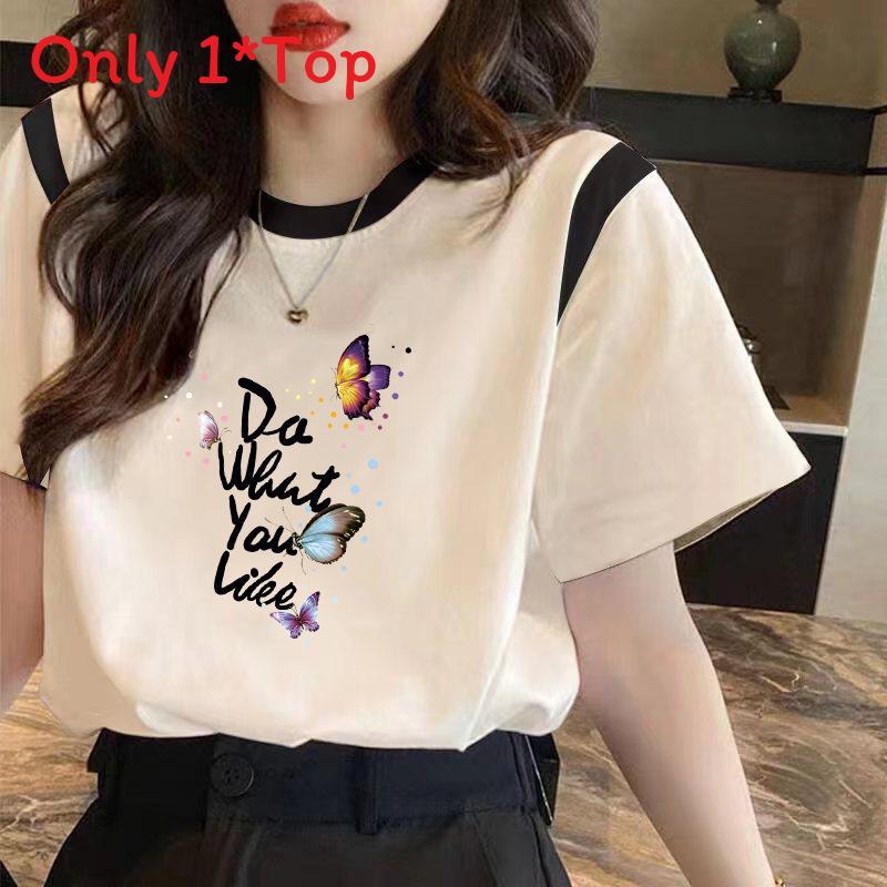 Floral Butterfly Print Short Sleeve T Shirt For Women With Splicing Cotton Relaxed Fit Summer Casual Wear
