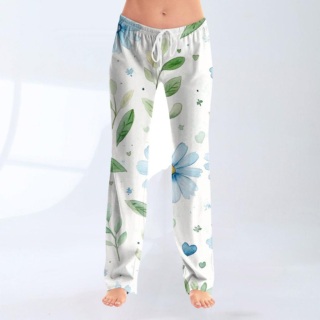 Pantaloni casual largi pentru femei, cu imprimeu cu fundă