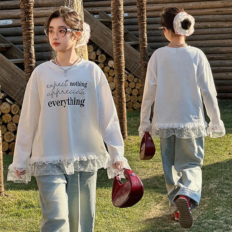 

Plus Size Girls White Lace Long Sleeve T-shirt for Spring & Autumn 160 белый
