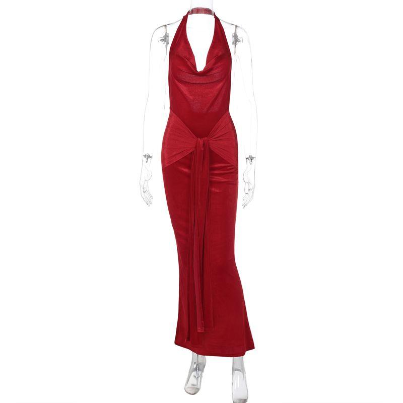

Shemoda Fashion Style Sexy Swing Collar Backless Halter Dress Women s Lace-up Waist-Controlled Silm Fishtail Long Skirt Red S