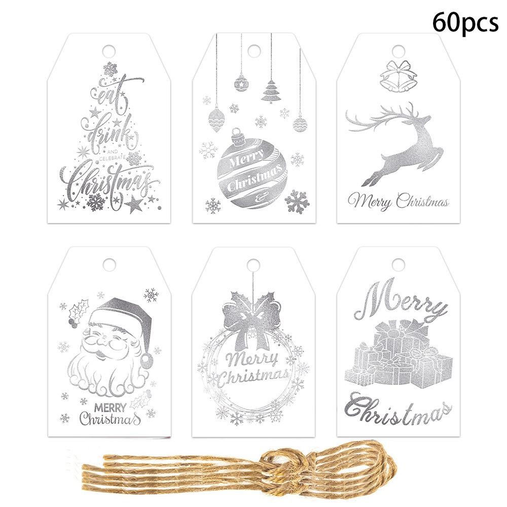 60pcs with Strings Paper Cards Labels Hot Stamping Process Paper Hanging Tags Christmas Decoration
