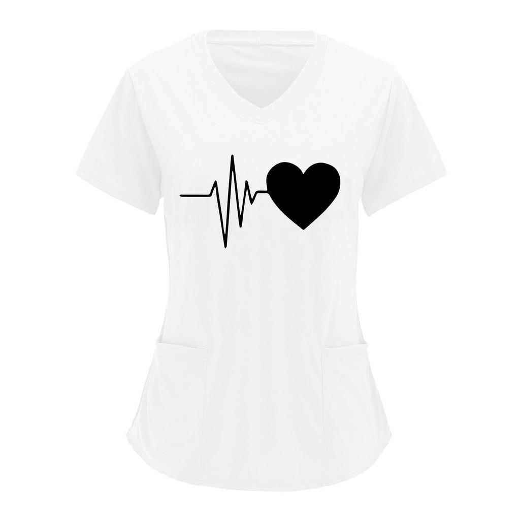 European & American Heartbeat Love Print Nurse Uniform, V-Neck, Double Pocket, Short-Sleeve T-Shirt, Large Size