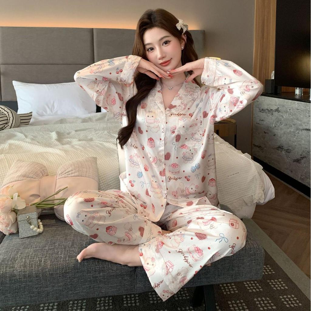 2026 Ice Silk Women's Pajamas - Cute Cartoon Long Sleeve, Lightweight Cardigan for Home & Outdoor Wear