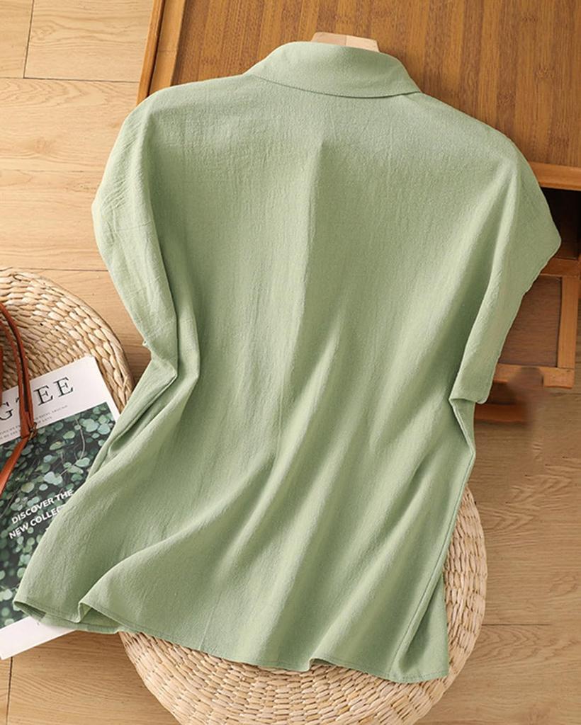 Short Loose Cotton Large Size [ODFMCE] Women's Shirt, Sleeve, Summer, Fit, Linen, Plain, Slimming, Thin, Stylish, Office, (JP, Alphabet, 2XL, Green)