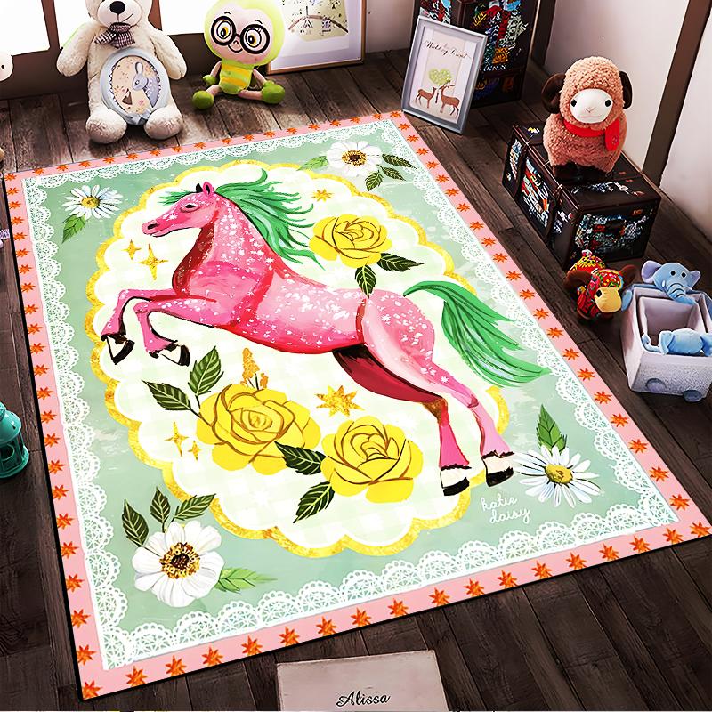 Pink Horse and Yellow Roses Printed Carpet with Floral Green Border Suitable for Use As an Anti-slip for Living Room Bedroom Sofas