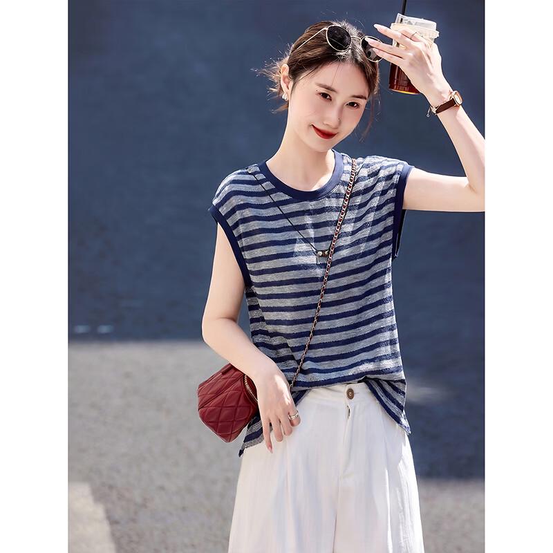 Women s Striped Sleeveless Round Neck T-Shirt M