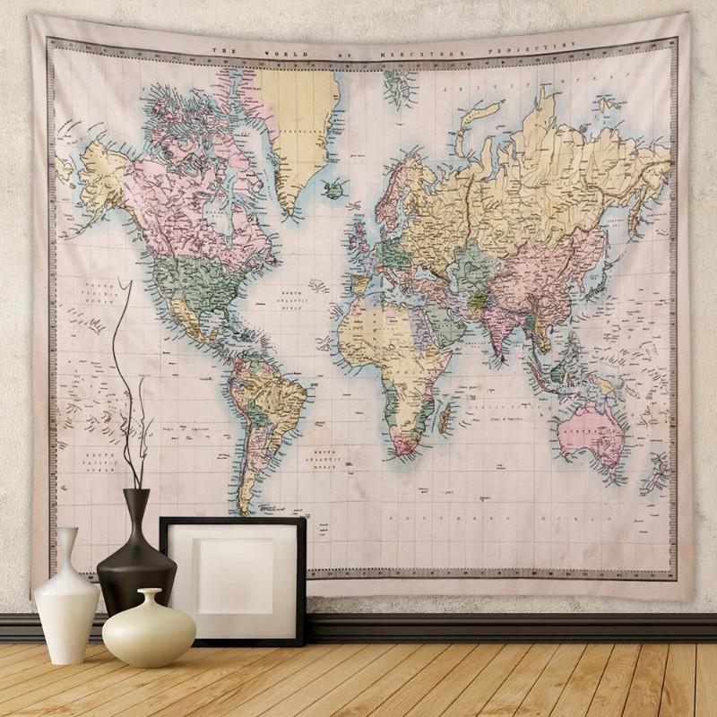 Retro World Map Tapestry Polyester Printed Wall Hanging Antique Tapestry Living Room Bedroom Home Decoration 100X70CM