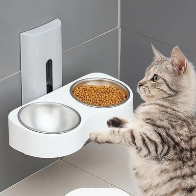 Wall Mounted Cats Watering Bowl Space Saving Height Adjustable Dog Eatting Bowl Double Bowl Neck Protection Pet Feeding Bowl