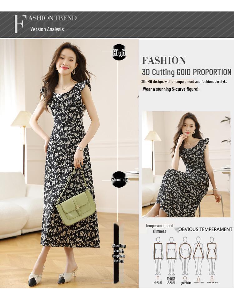 French Black Floral Puff Sleeve Camisole Dress for Women - Summer Seaside Vacation Style
