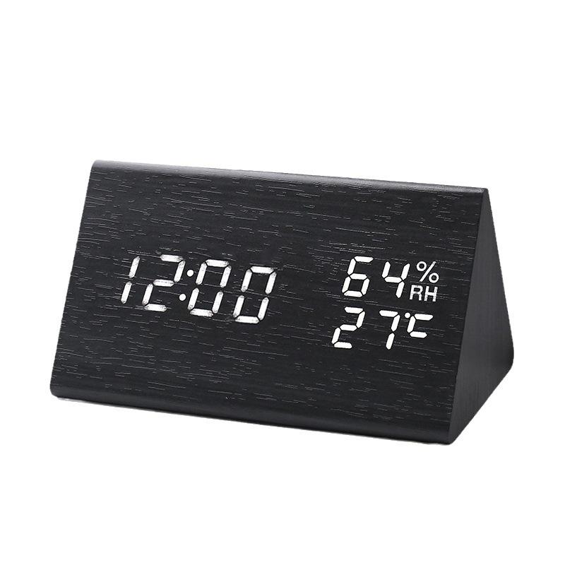 Temperature and Humidity Wooden Clock Electronic Alarm Clock Digital Clock Triangular Wooden Clock