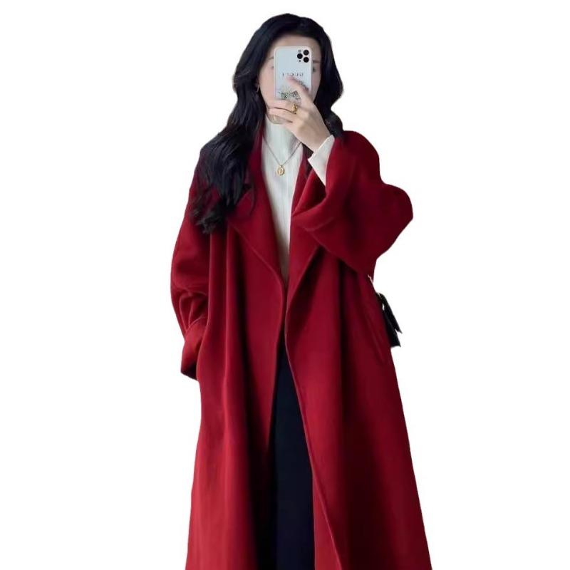 Red Woolen Coat Women's Woolen Coat Autumn and Winter High Sense Small Loose New Medium and Long