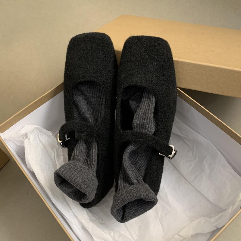 Fashion Fashion Square Toe Fleece Flet Ballet Flats Woman Winter Warm Wool Mary Jane Shoes Ladies Brand Design Elegant Plush Loafers