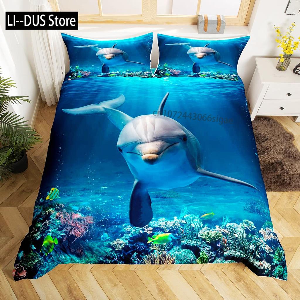 Galaxy sängkläder delfin täcke för barn vuxen påslakan havsdjur sängöverkast stjärnhimmel blå rumsdekor 3 delar