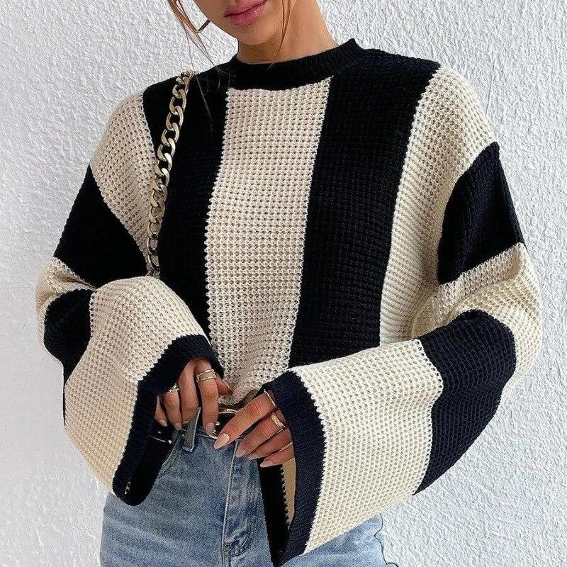 Lady Outwear Pullovers Striped Loose Fit Knitted Pullovers Women Autumn Spring Fashion Long Sleeve Knitwear Sweater Sexy