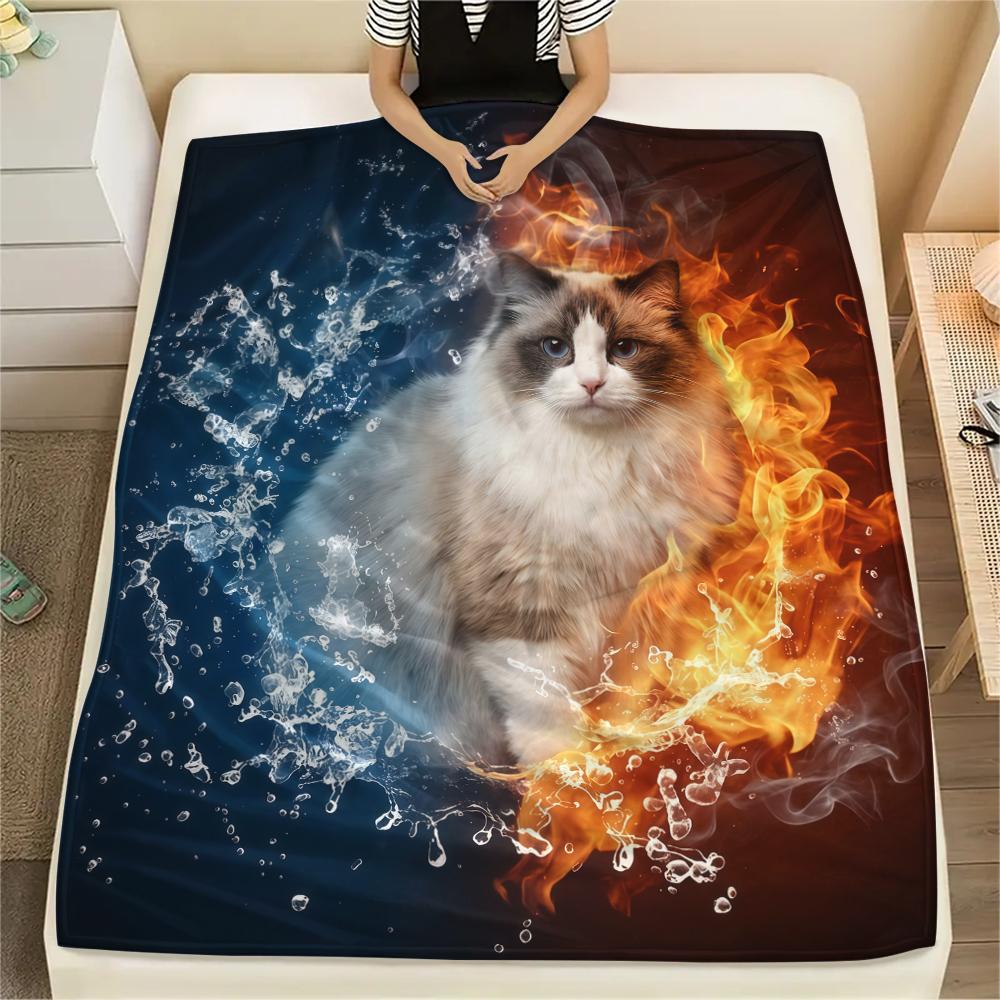 Blue Red Flame Cat Chicken DogPrint Flannel Blanket,High quality Comfortable for All Seasons,Home Decor,Warmth and Comfort,Perfect for Christmas Gifts