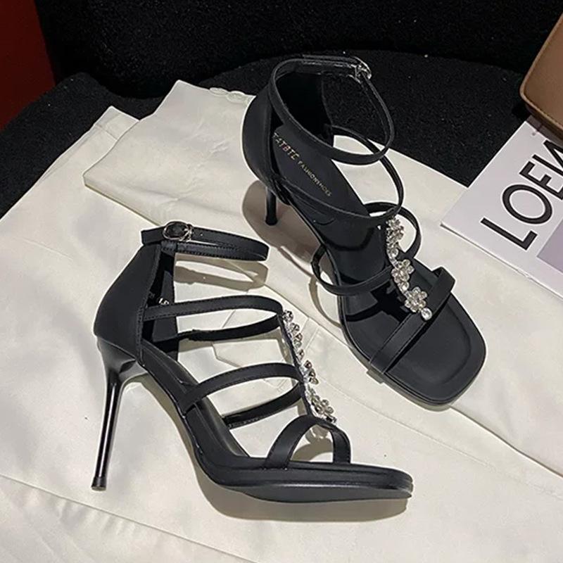 2025 Summer New French Fairy Style Sandals Female Open-toed Rhinestone One-word Buckle Strap Thick Heel Temperament High Heels Female