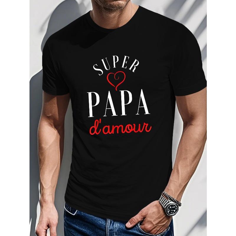 

European sizes Men S Super Papa d Amour Graphic T-Shirt - Casual Short Sleeve Summer Tee with Red Heart Design, Round Neck 4XL чорний