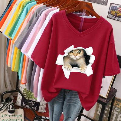 Short-sleeved T-shirt for Women, Large Size, Loose and Slimming Design, Niche, Pure Cotton V-neck Top That Covers The Belly