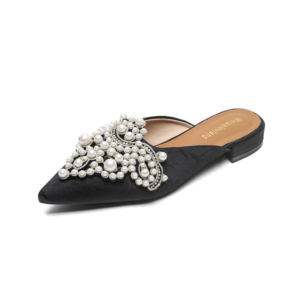 One Pedal Cool Slippers Pearl Rhinestone Chinese Style Flat Bottom Baotou Half Slippers Women's Summer