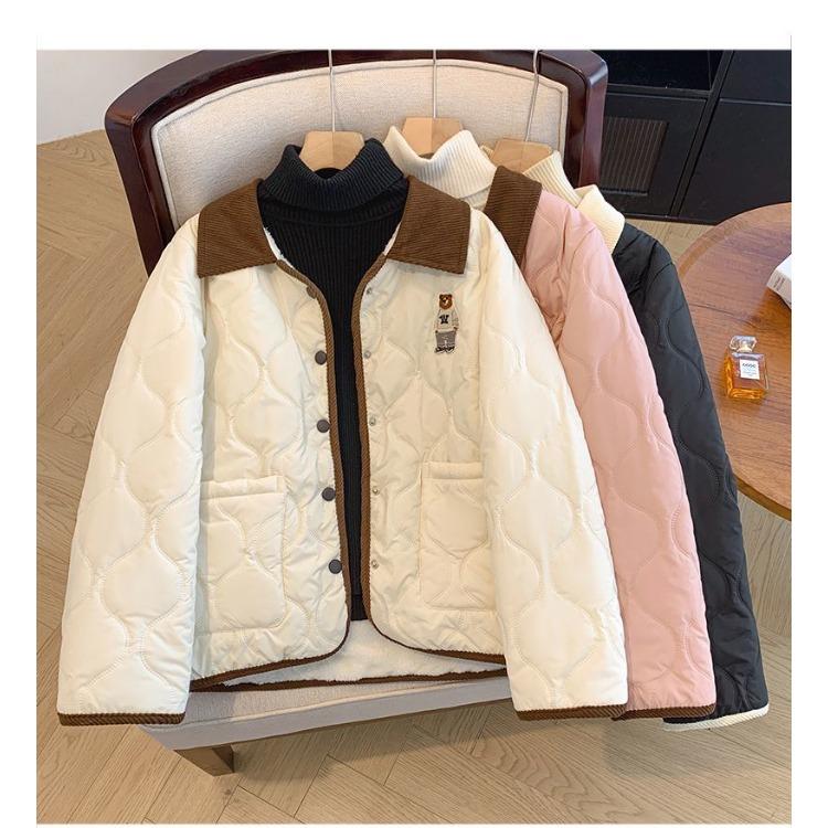 Cute Bear Embroidery and Stylish Contrasting Collar On Women's Cotton Jacket, Keeping You Warm and Trendy In Winter