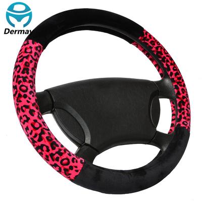 DERMAY Kış Araba Kürk Sevimli Direksiyon Kapakları Kızlar Pembe Kırmızı Beyaz vb. 9Renk Çapı 38cm Leopar Desenli Kadın Arabası