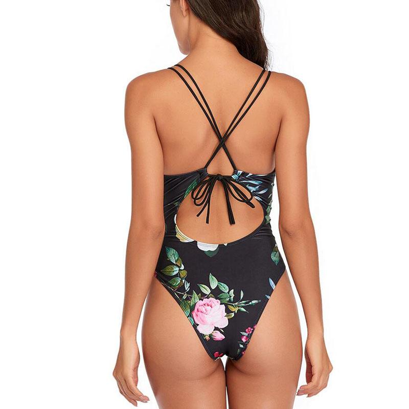 Floral Print One Piece Swimwear Deep V-Neck Women Swimsuit Cri-Cross Bathing Swimming Suit