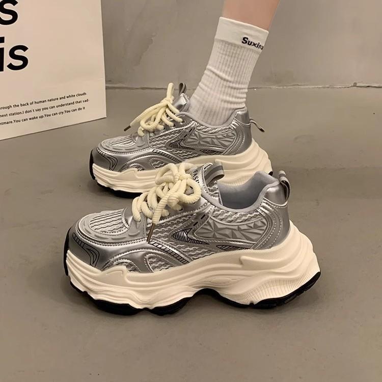 Silver Dad Shoes Women's 2025 New Spring and Summer Thick Soles Increase Height, Show Small Feet, Light and Breathable Versatile Casual Sports Shoes