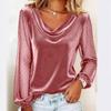 2026 European & American Women's Solid V-neck Mesh Rhinestone Long Sleeve T-shirt