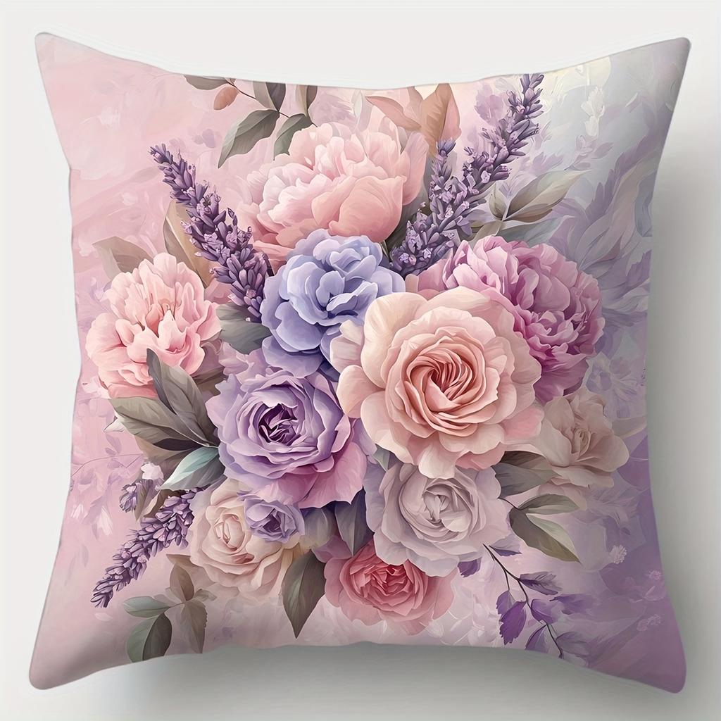 4Pcs Double-Sided Printed Throw Pillow Covers, Watercolor Lavender Peony Bouquet Print Cushion Cases Aesthetic Spring Home Decor