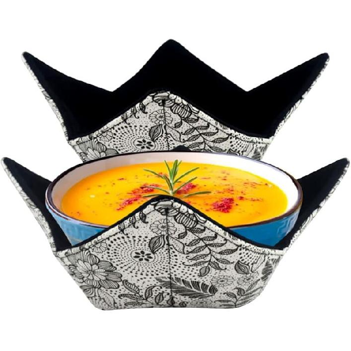 2 Pcs Microwave Safe Hot Bowl Holder Potholders - Keep Hands Cool and Food Warm - Multipurpose Bowl Cozy for Soup Rice Pasta(Black)